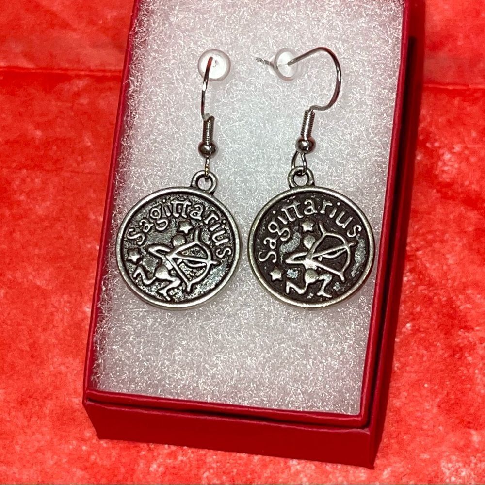SAGGITARIUS IRON & SILVER DOUBLE SIDED ZODIAC DROP EARRINGS
